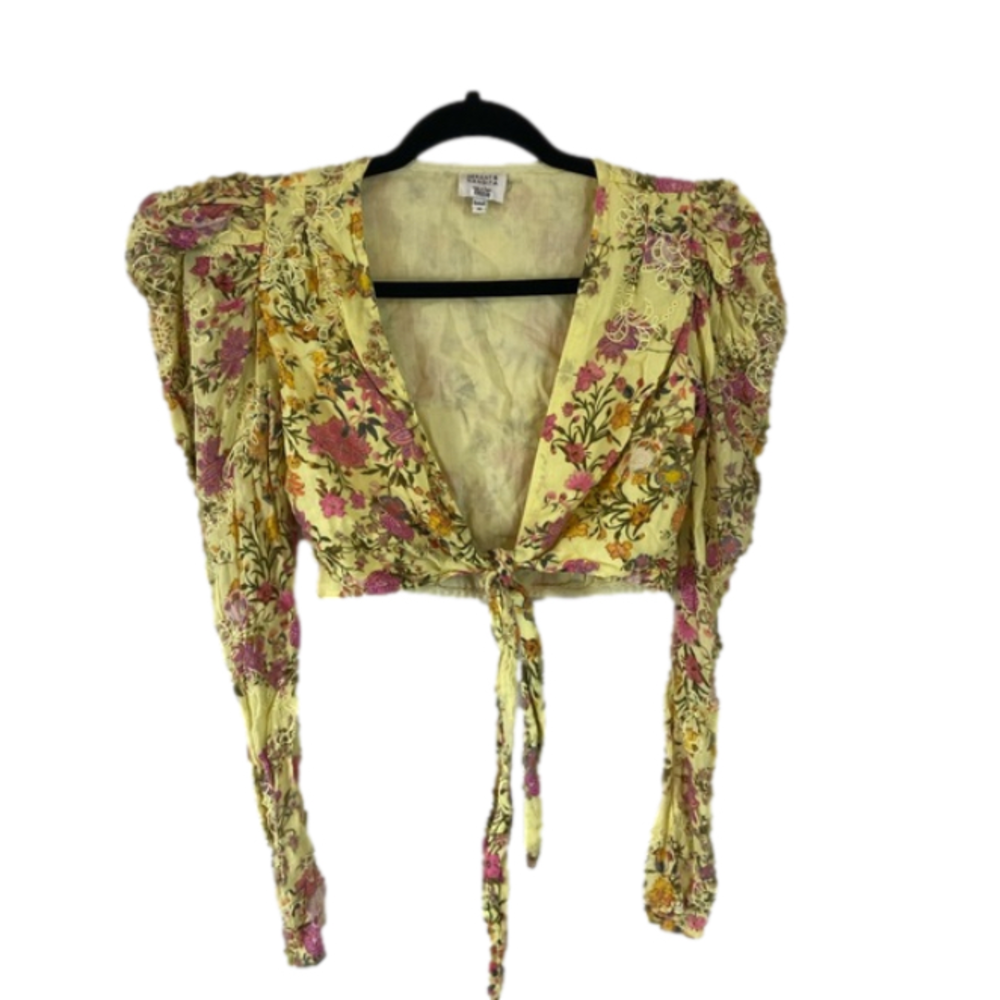 Hemant and Nandita Women's Pria Cropped Yellow Floral Tie-Front Top Size XS